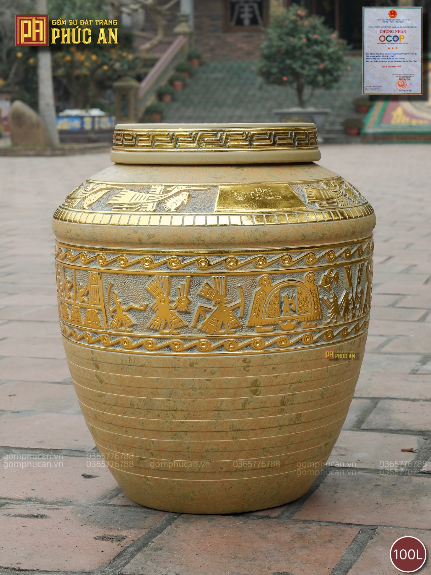 Chum sành Trống Đồng Hạc men kim sa dát vàng 100L
