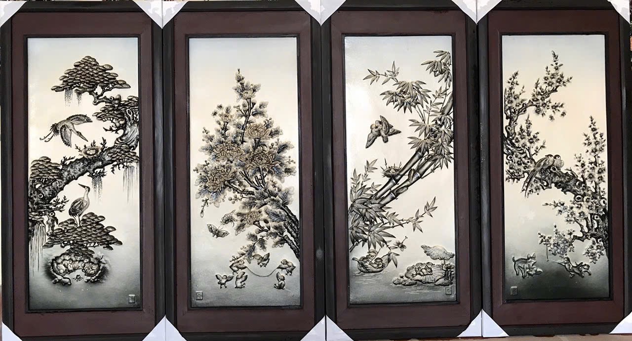 Tranh sứ đắp nổi tứ quý “Xuân Hạ Thu Đông” QUY024