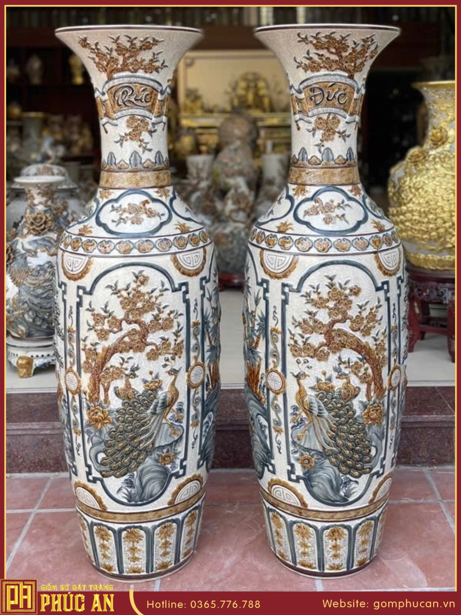 Lọ lộc bình tứ cảnh cổ Phúc Đức men rạn đắp nổi