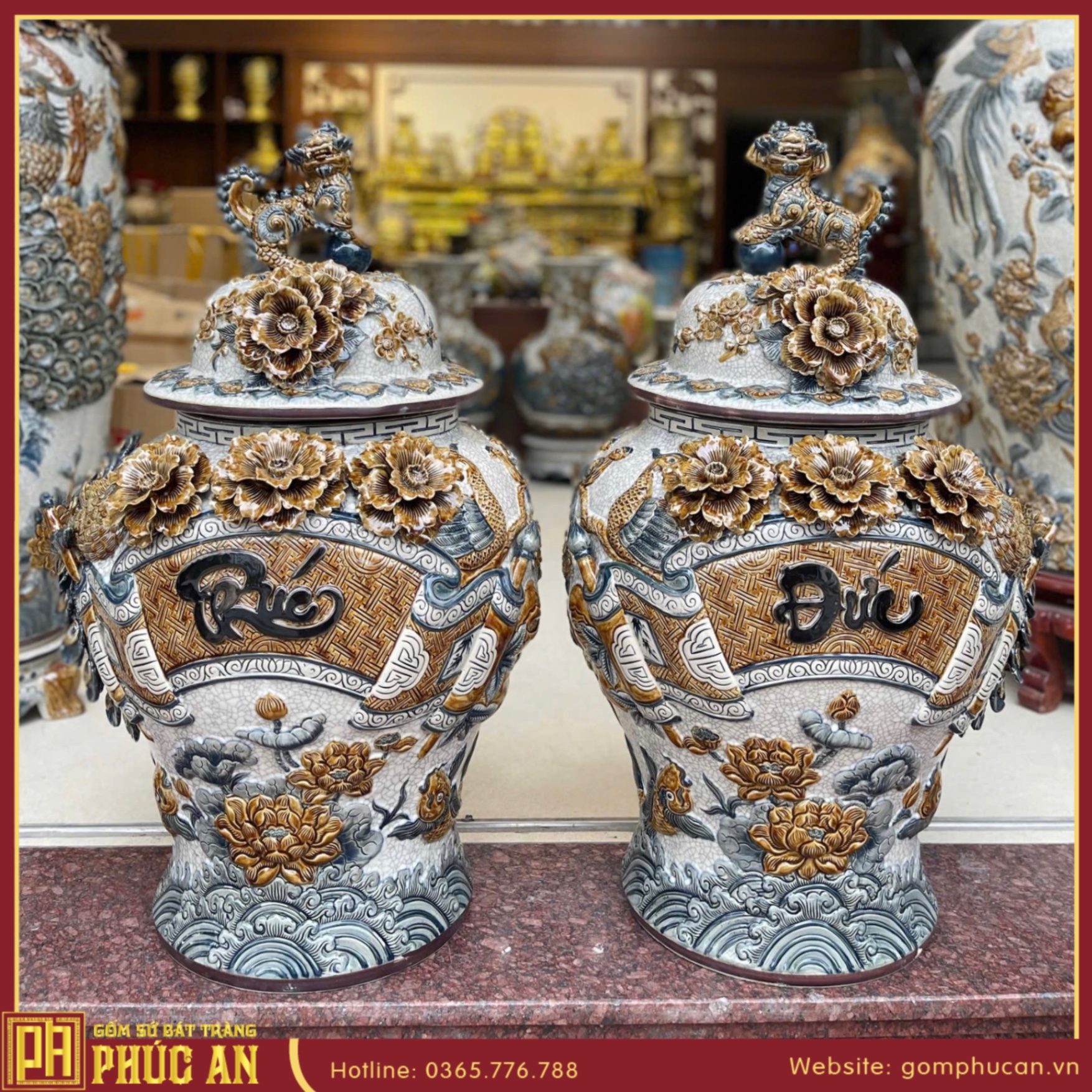 Choé “Phúc Đức” men rạn đắp nổi kênh bong