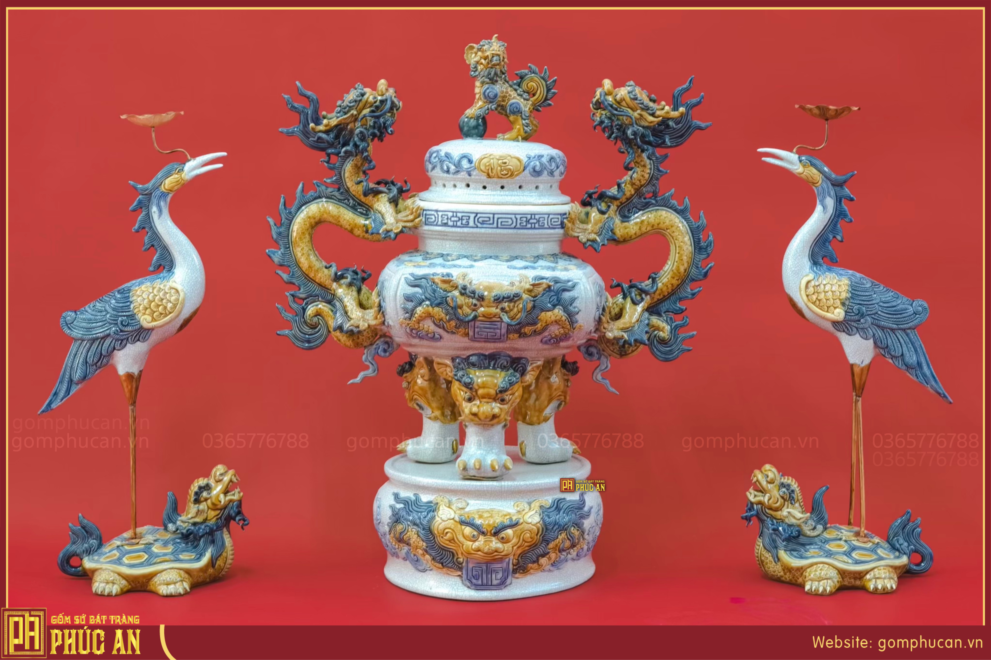 Bộ định hạc tam sự men rạn cổ đắp nổi