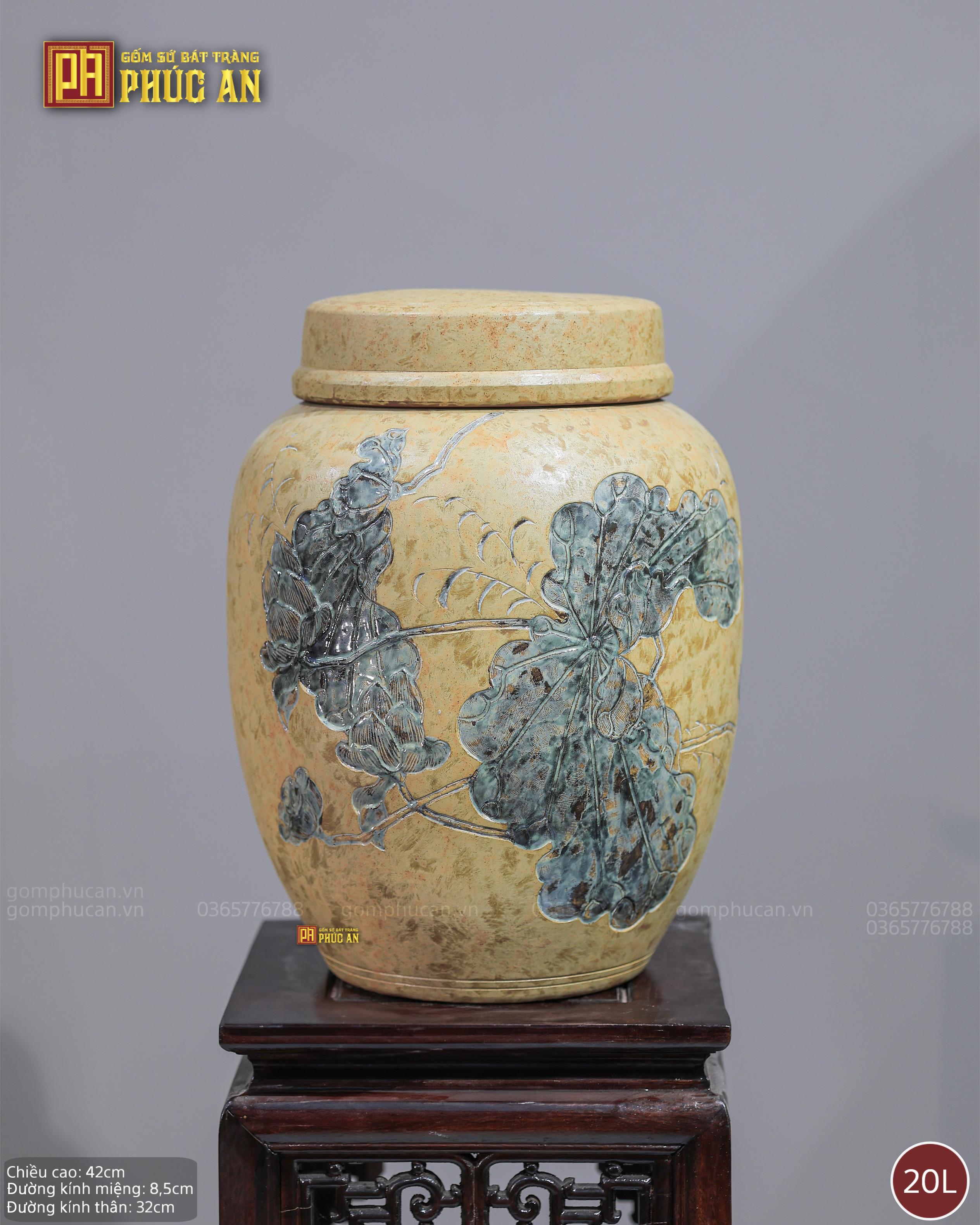 Hũ ủ trà khắc sen 20L