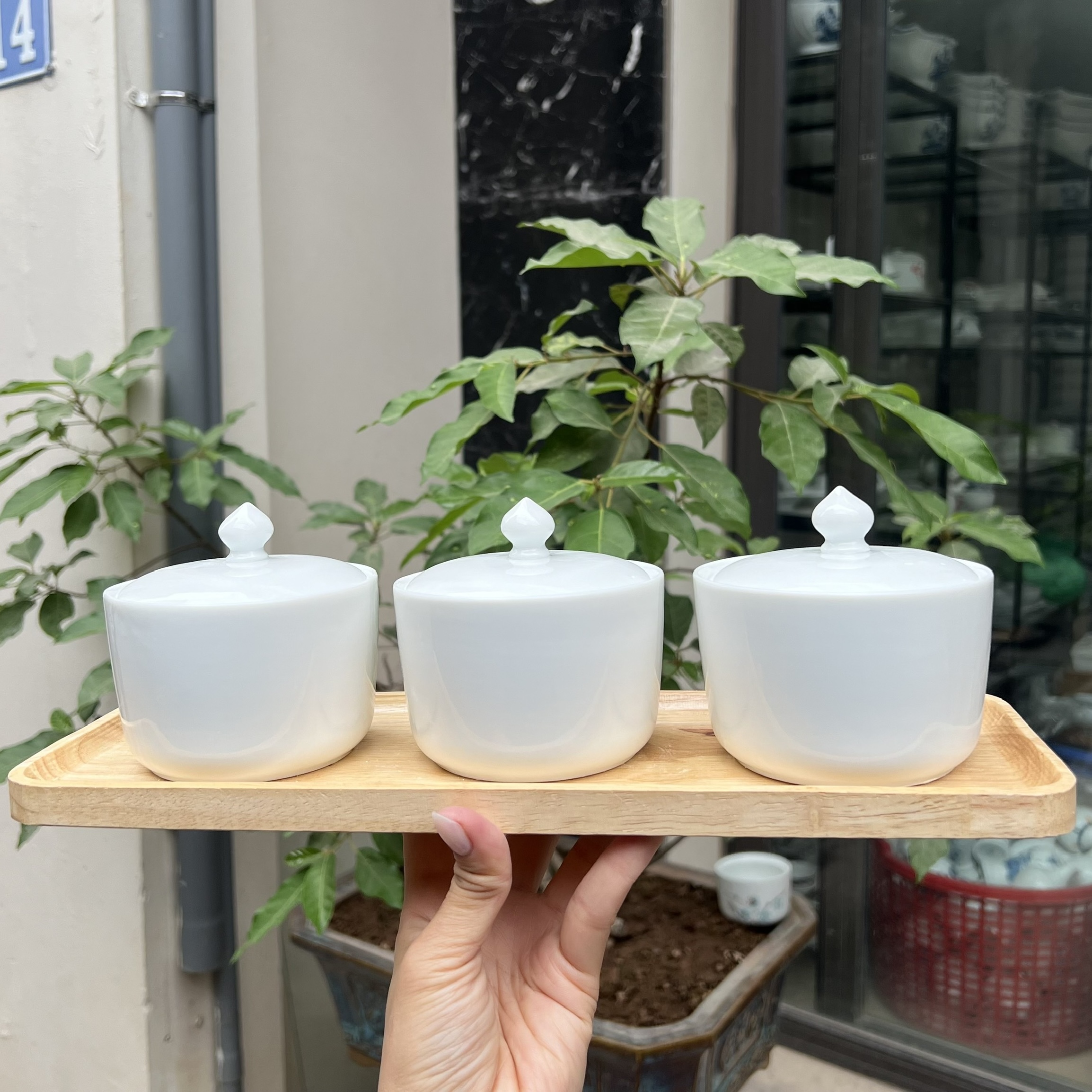 Set 3 hũ sứ tròn men trắng