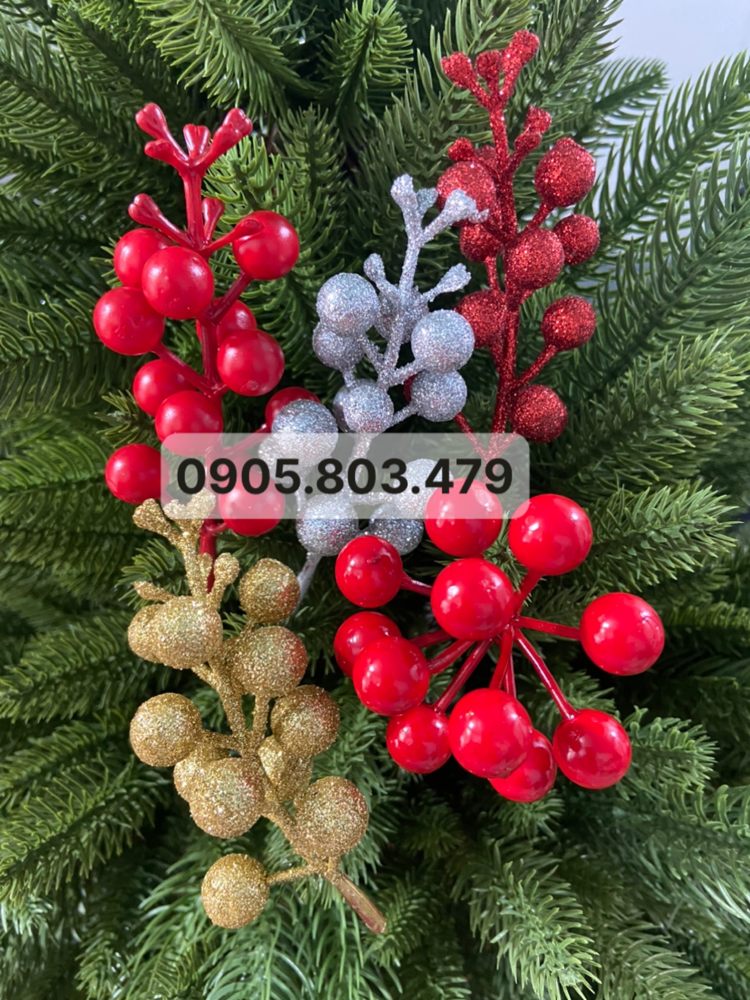 Cành quả cherry đỏ, quả nhũ kim tuyến trang trí noel,làm giỏ quà bó hoa, vòng nguyệt quế, oản tài lộc nhiều mẫu