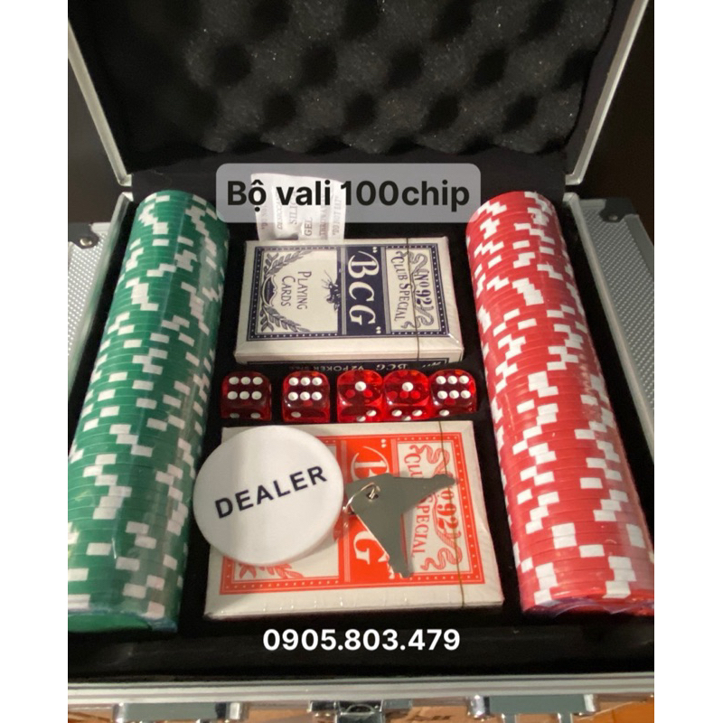 Bộ 100 chip poker không số lõi thép kèm vali nhôm sang trọng