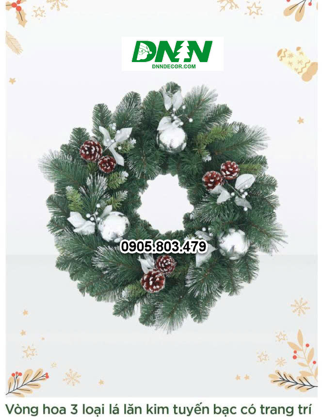 Vòng hoa 3 loại lá lăn kim tuyến bạc có trang trí
