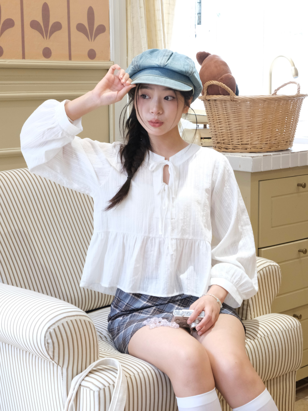 Áo sơ mi thô đũi peplum buộc nơ Mia Top - TKA430