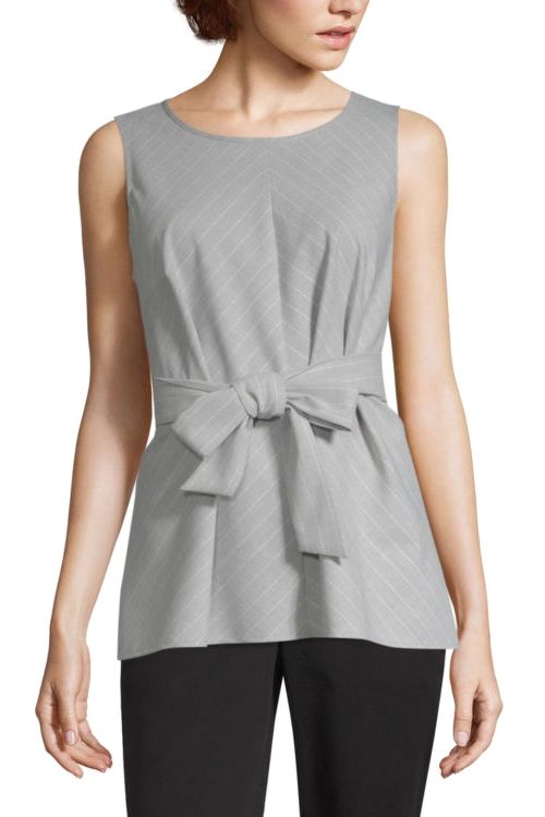 Áo sát nách cổ tròn, cài khuy sau cột dây eo kẻ sọc LIZ CLAIBORNE