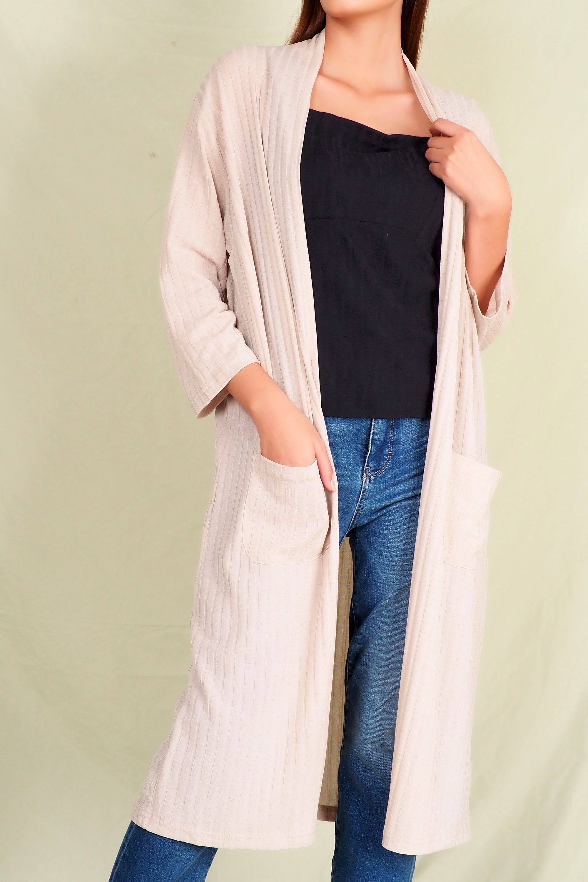 Áo khoác cardigan thun gân tay lỡ, hai túi trước CEN3FA