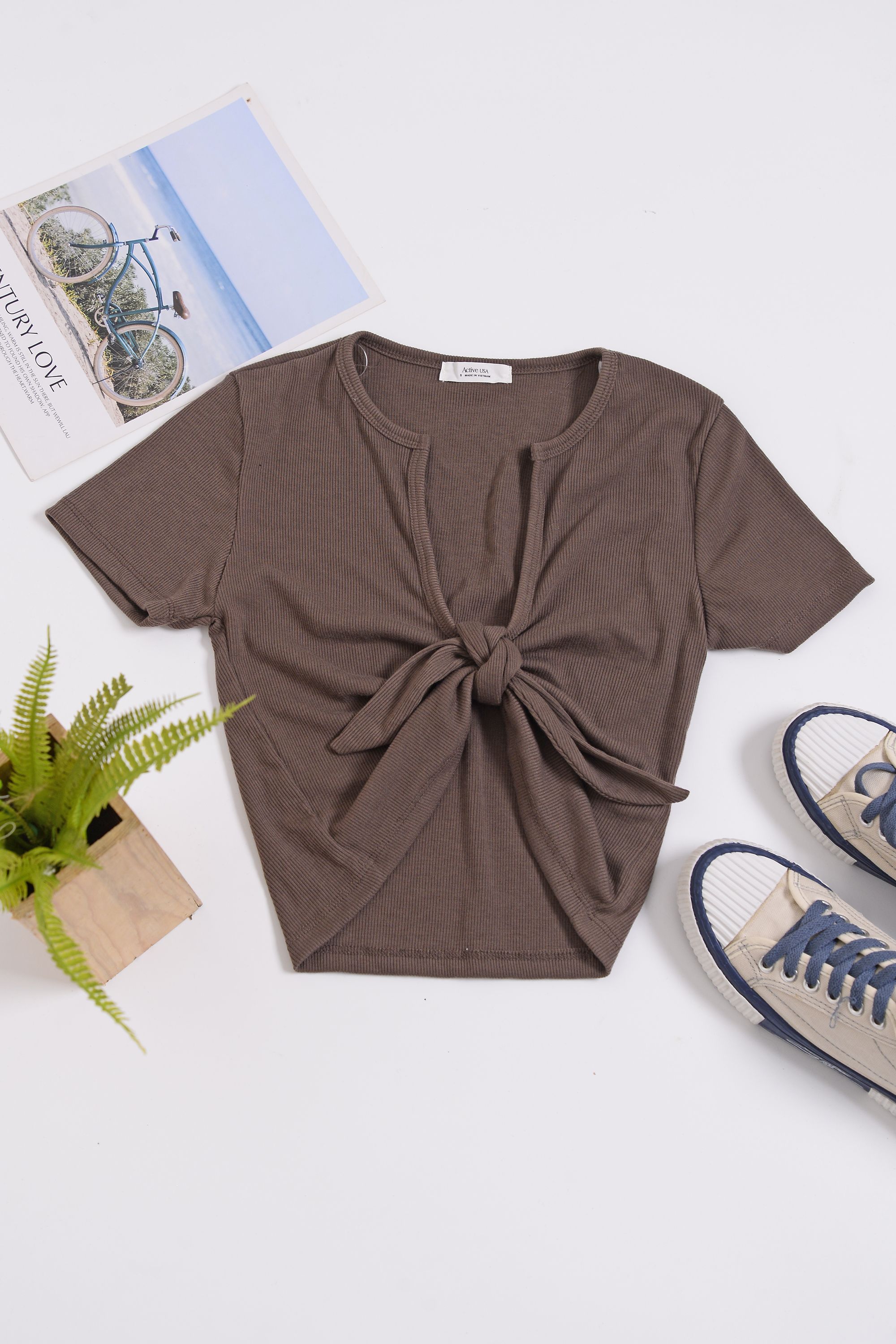 Áo croptop thun gân ACTIVE USA cột nơ trước