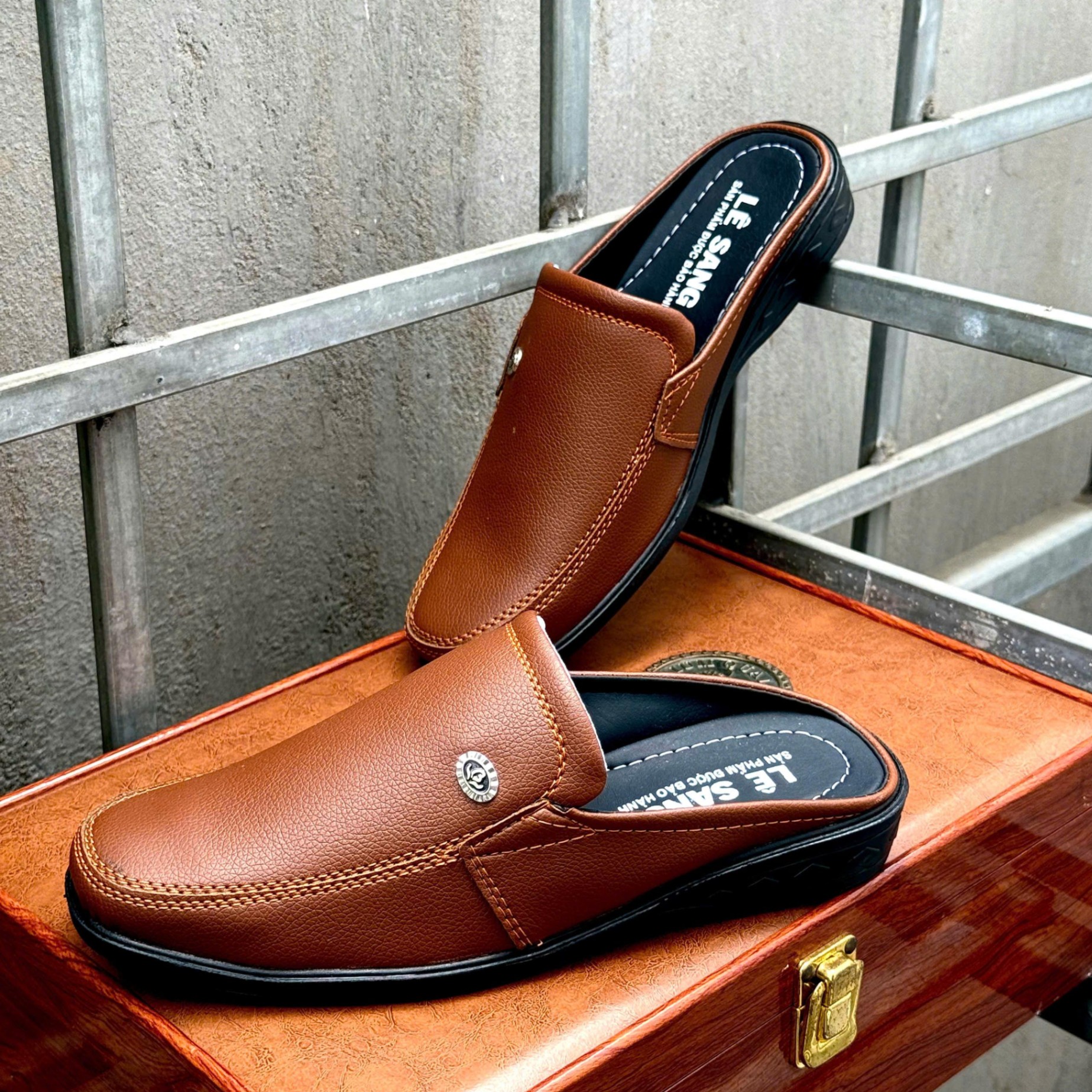 Giày tây sục, giày tây hở gót nam da mềm đế su may sẵng, giày sục trung niên