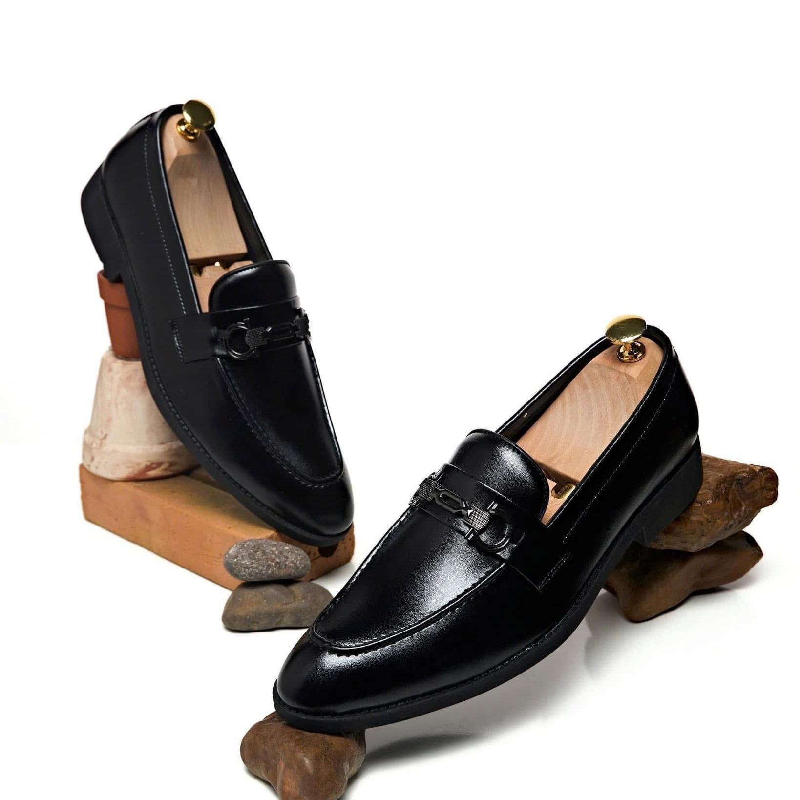 Giày công sở nam da nhám bóng, đế khâu phối khóa kim loại, giày tây nam thời trang size 39 đến 43