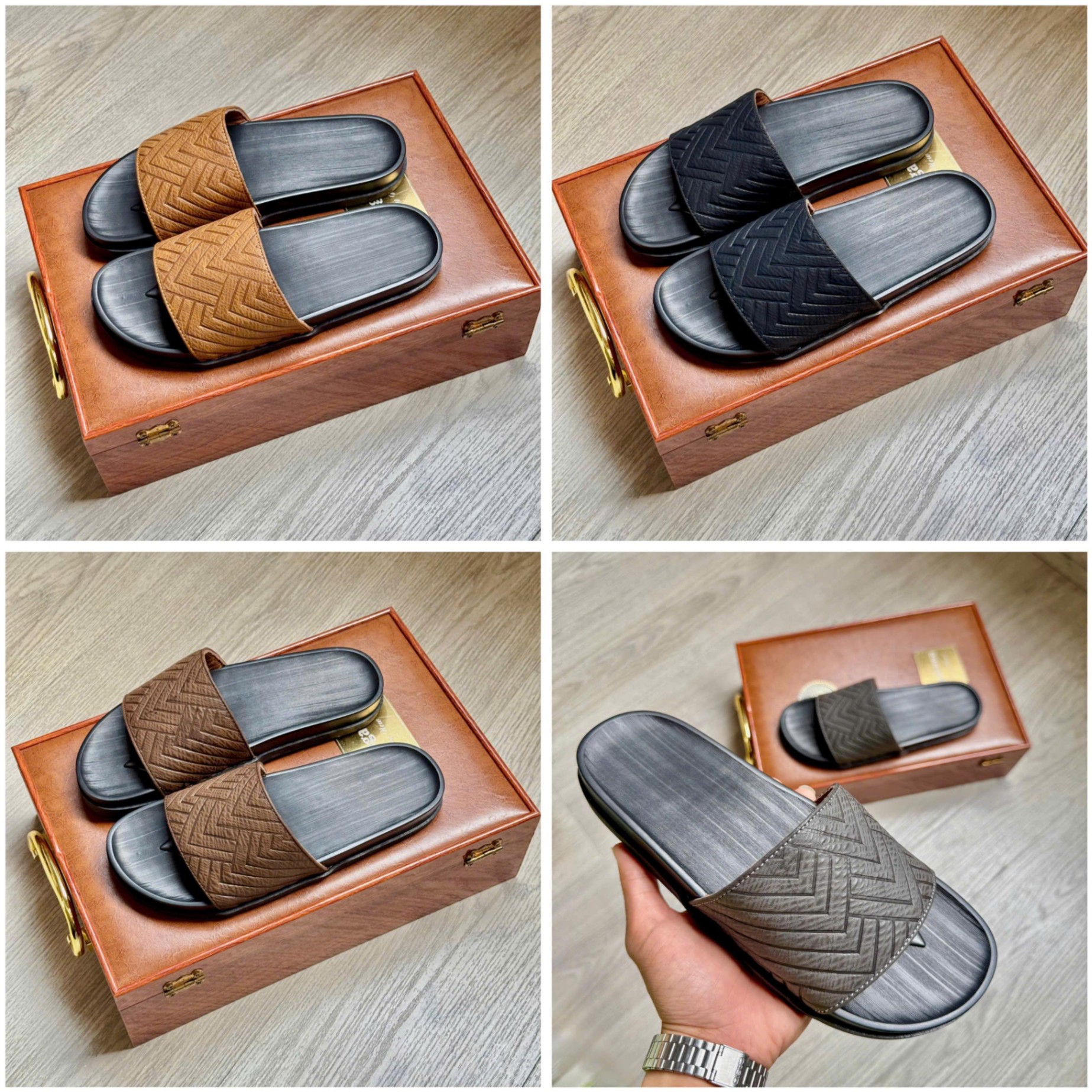 Dép da bò quai ngang nam, đã khâu quai, đế su mềm