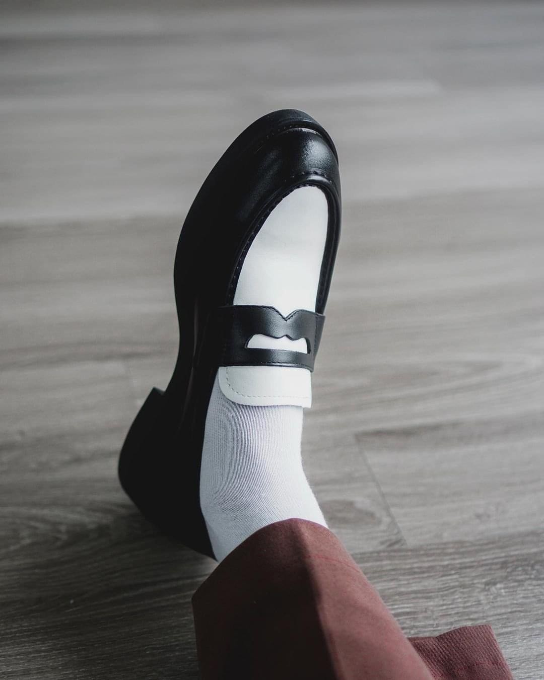 Giày penny loafer back, giày lười đốc, đế cao, khâu đế phối màu thời thượng - MT Đốc Đen Lỳ LS