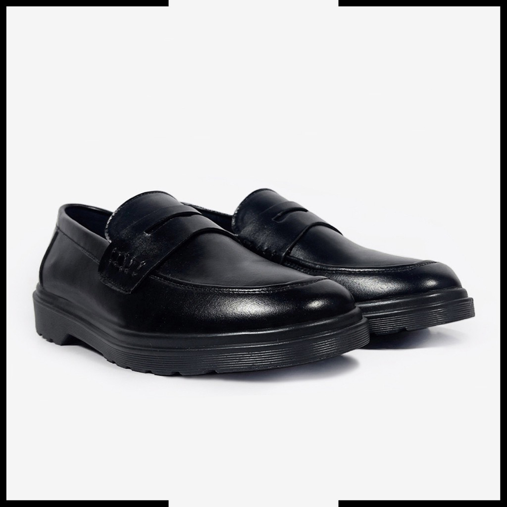 Giày penny loafer back, giày lười đốc, đế cao, khâu đế phối màu thời thượng - MT Đốc Đen Lỳ.