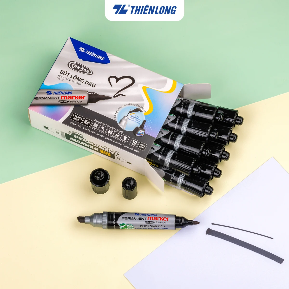 Hộp 10 bút lông dầu 2 đầu Thiên Long PM -09 - nét 6mm&0.8mm
