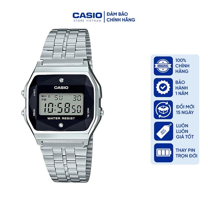 Đồng hồ Nam Casio A159WAD-1, đồng hồ chính hãng, bạc mặt đen kim cương