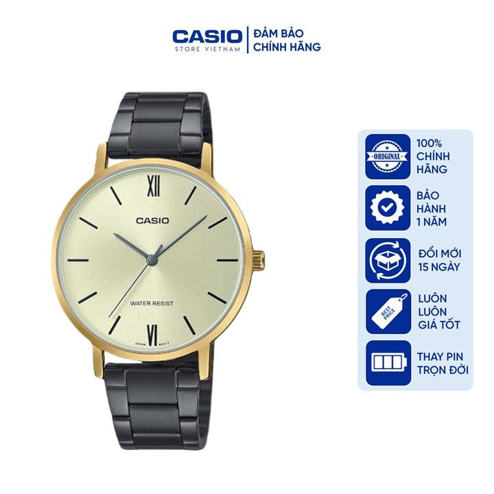 Đồng hồ Nữ Casio LTP-VT01GB-9B, đồng hồ chính hãng, dây thép đen mặt vàng, viền vàng