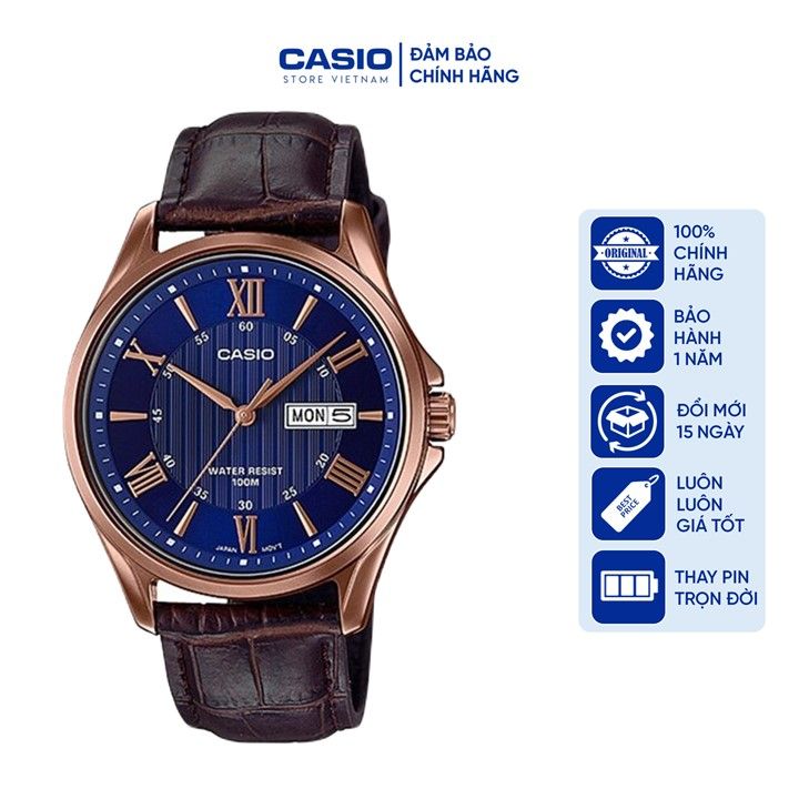 Đồng hồ Nam Casio MTP-1384L-2AV, đồng hồ chính hãng, dây da nâu, mặt xanh, viền hồng