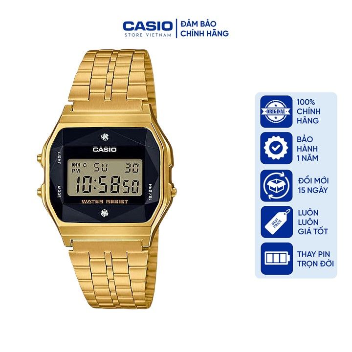 Đồng hồ Nam Casio A159WGED-1, đồng hồ chính hãng, vàng mặt đen kim cương