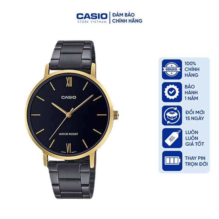 Đồng hồ Nữ Casio LTP-VT01GB-1B, đồng hồ chính hãng, dây thép đen mặt đen, viền vàng