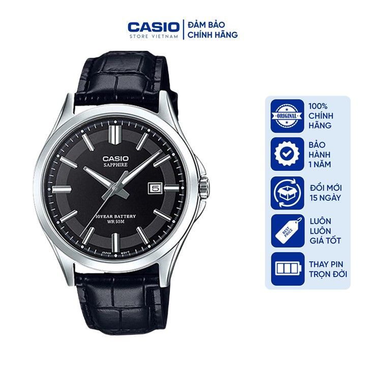 Đồng hồ Nam Casio MTS-100L-1AV, đồng hồ chính hãng, dây da đen mặt đen