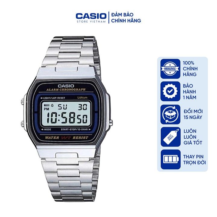 Đồng hồ Nam Casio A164WA-1, đồng hồ chính hãng, (màu bạc mặt đen)