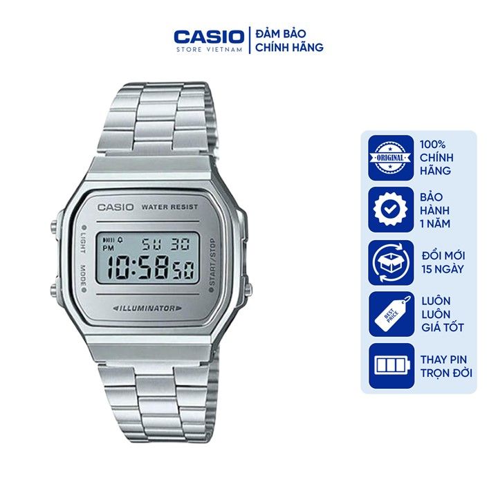 Đồng hồ Nam Casio A168WEM-7, đồng hồ chính hãng, mặt tráng gương, dây bạc mặt bạc