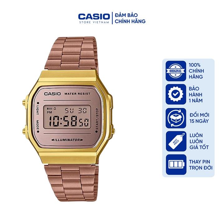 Đồng hồ Nam Casio A168WECM-5, đồng hồ chính hãng, mặt tráng gương, hồng