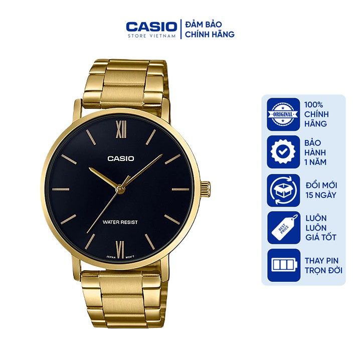 Đồng hồ Nam Casio MTP-VT01G-1B, đồng hồ chính hãng, dây vàng mặt đen