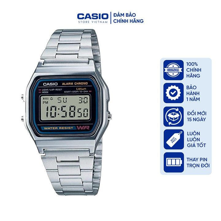 Đồng hồ Nam Casio A158WA-1D, đồng hồ chính hãng, (màu bạc mặt đen)