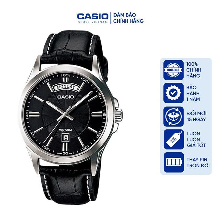 Đồng hồ Nam Casio MTP-1381L-1AV, đồng hồ chính hãng, dây da đen mặt đen