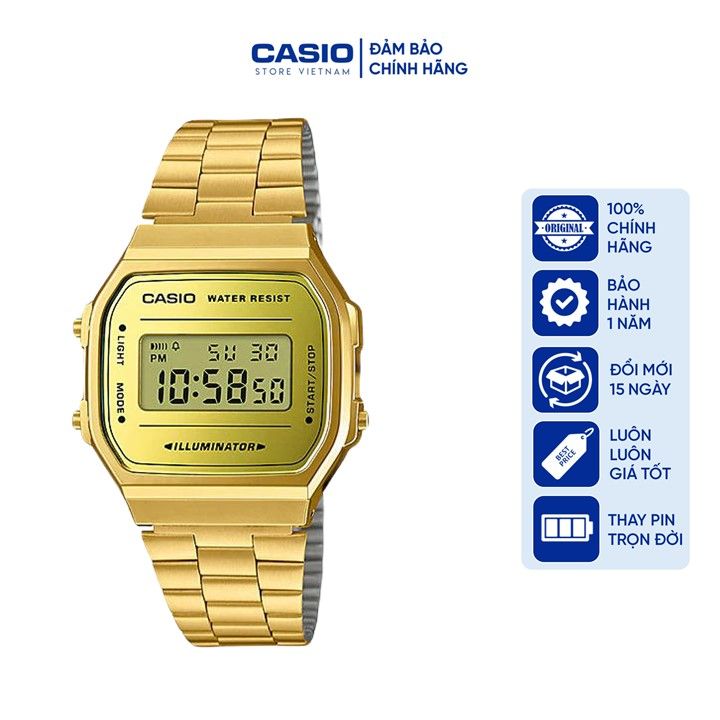 Đồng hồ Nam Casio A168WEGM-9, đồng hồ chính hãng, mặt tráng gương, dây vàng mặt vàng