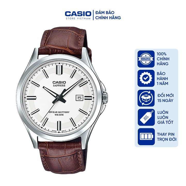 Đồng hồ Nam Casio MTS-100L-7AV, đồng hồ chính hãng, dây da nâu mặt trắng