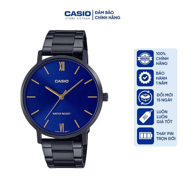 Đồng hồ Nam Casio MTP-VT01B-2B, đồng hồ chính hãng, dây thép đen mặt xanh