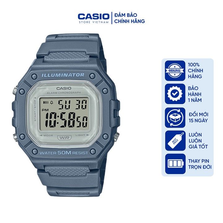 Đồng hồ Unisex Casio W218HC-2AVDF, đồng hồ chính hãng, màu xanh