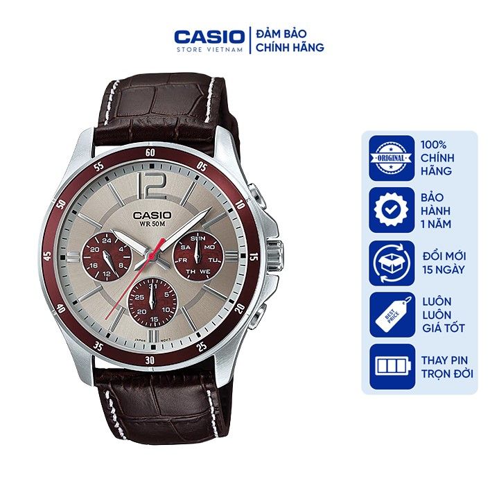 Đồng hồ Nam Casio MTP-1374L-7A1VDF, đồng hồ chính hãng, dây da mặt viền đỏ