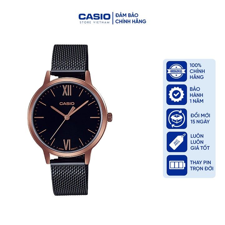 Đồng hồ Nữ Casio LTP-E157MRB-1B, đồng hồ chính hãng, dây mesh đen viền hồng