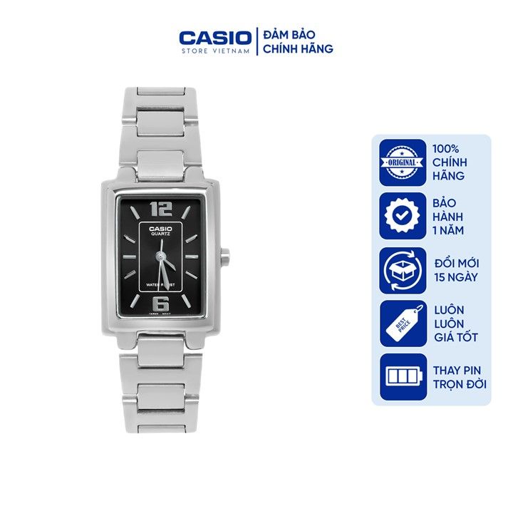 Đồng hồ Nữ Casio LTP-1238D-1A, đồng hồ chính hãng, dây thép bạc mặt đen