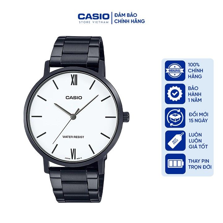 Đồng hồ Nam Casio MTP-VT01B-7B, đồng hồ chính hãng, dây thép đen mặt trắng