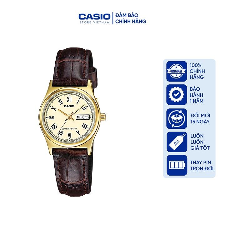 Đồng hồ Nữ Casio LTP-V006GL-9B, đồng hồ chính hãng, dây nâu mặt vàng viền vàng