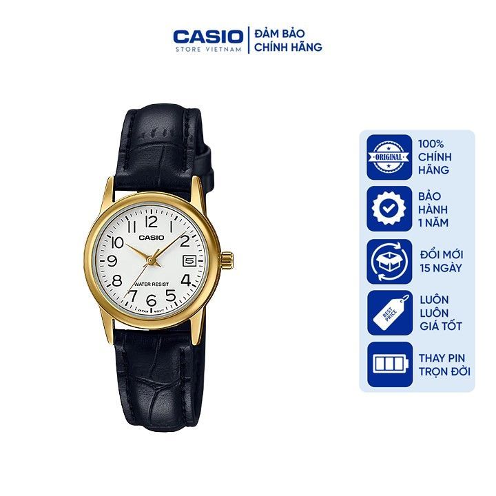 Đồng hồ Nữ Casio LTP-V002GL-7BUDF, đồng hồ chính hãng, dây nâu mặt trắng viền vàng