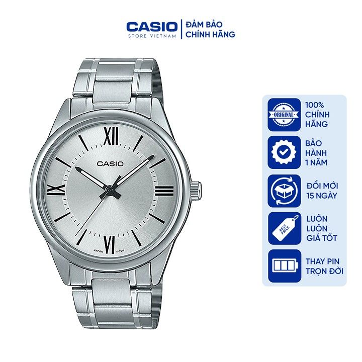 Đồng hồ Nam Casio MTP-V005D-7B5, đồng hồ chính hãng, dây thép bạc mặt bạc LA MÃ  (MỚI)