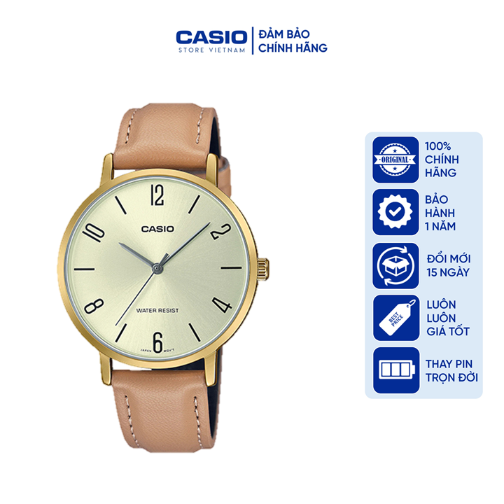 Đồng hồ Nữ Casio LTP-VT01GL-9B2, đồng hồ chính hãng, dây da be mặt ánh vàng, viền vàng