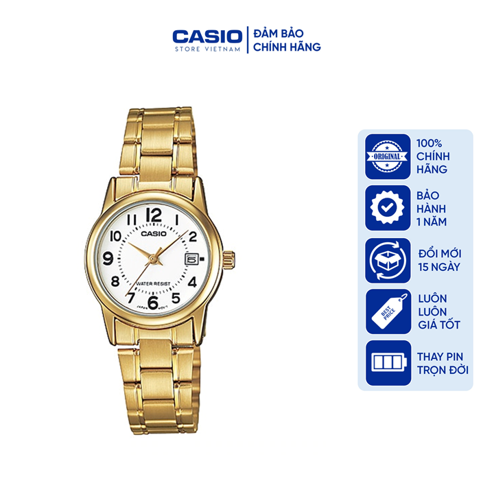 Đồng hồ Nữ Casio LTP-V002G-7B, Dây kim loại màu vàng mặt số