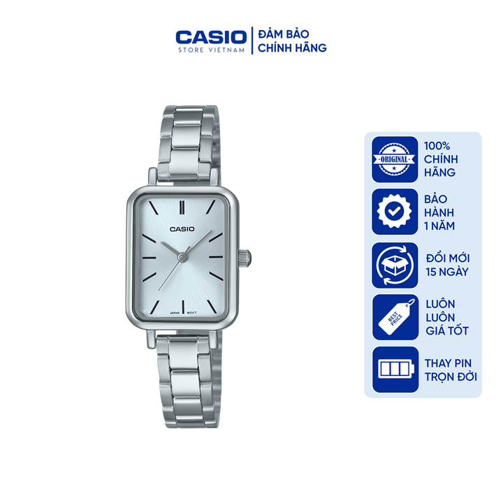 Đồng hồ nữ Casio LTP-V009D-2E, dây kim loại, màu bạc mặt xanh