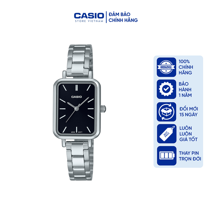 Đồng hồ nữ Casio LTP-V009D-1E, dây kim loại, màu bạc mặt đen