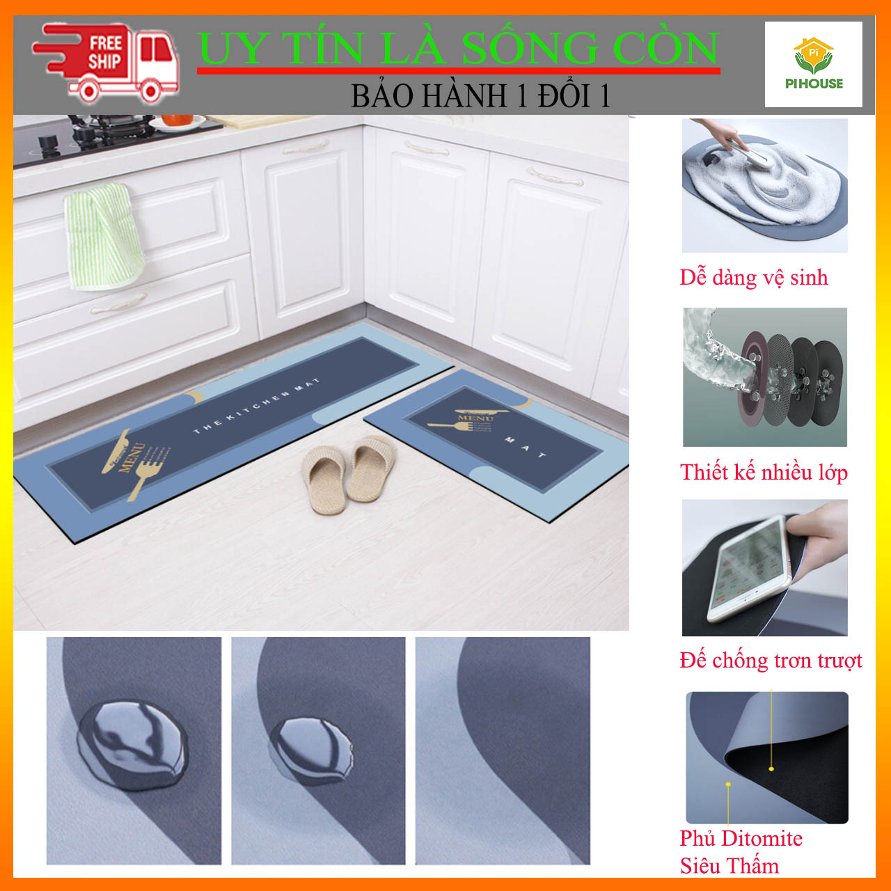 Set Thảm Bếp Siêu Thấm Da Trời