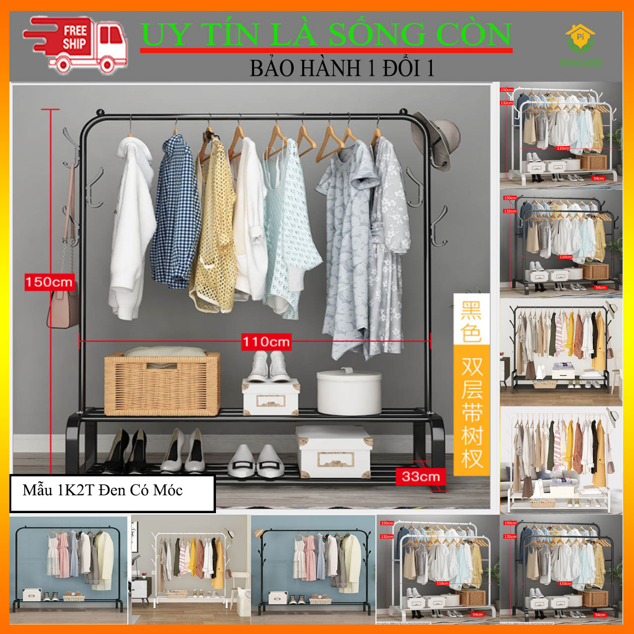 Giá Treo Quần Áo Chữ U 1K2T Không Bánh Đen
