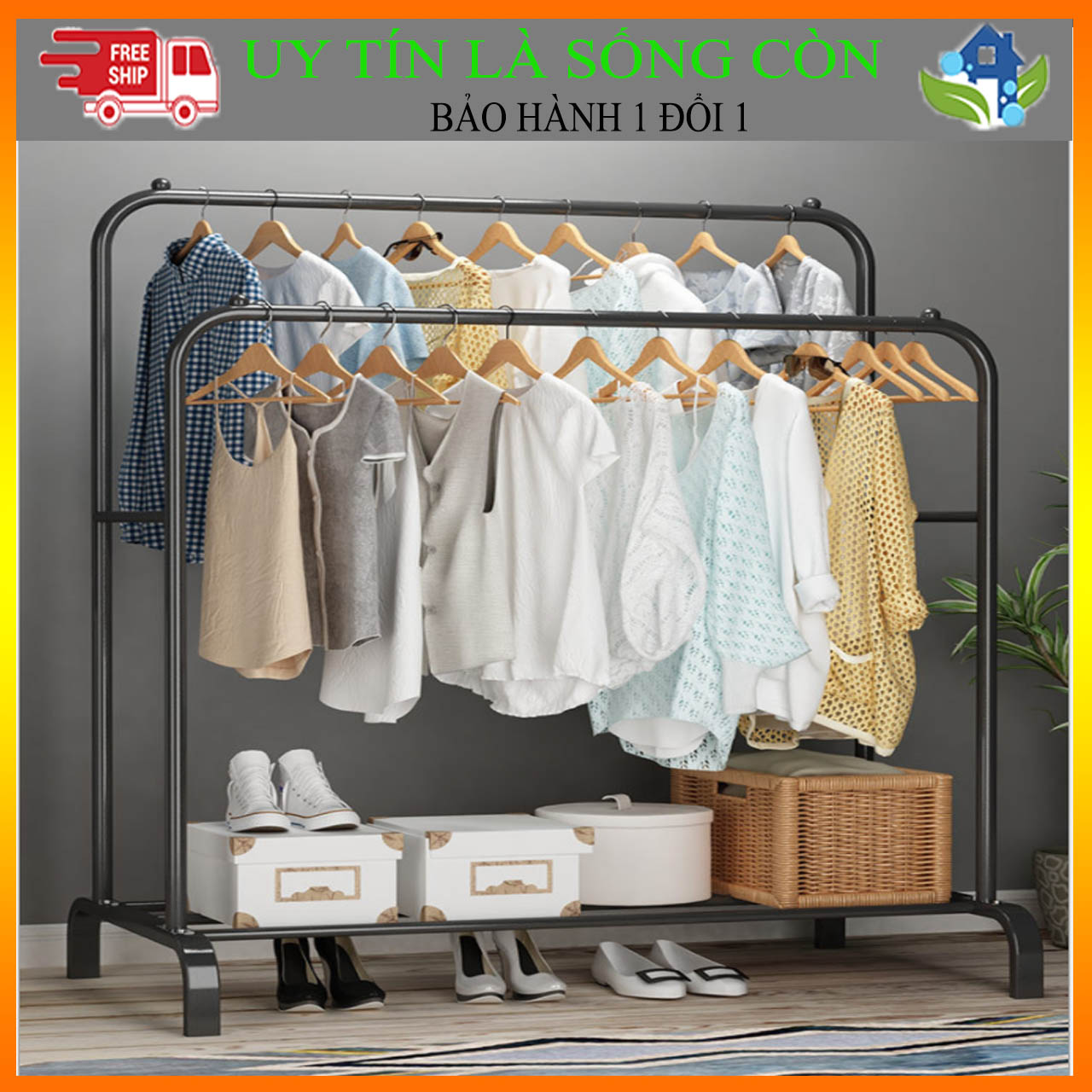 Giá Treo Quần Áo Chữ U 2K1T Đen Không Móc